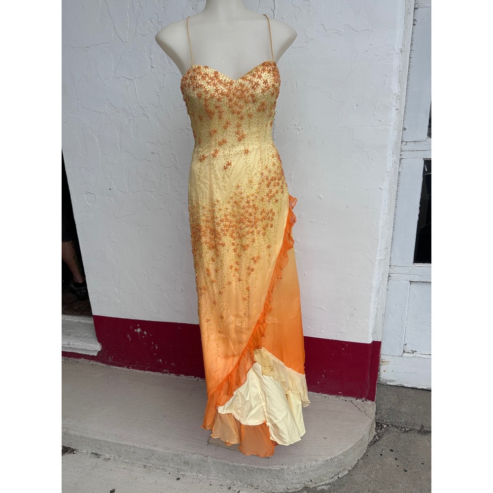 Alyce Designs Vintage Y2K Silk Ombre Beaded Formal Gown Yellow Orange Size 2